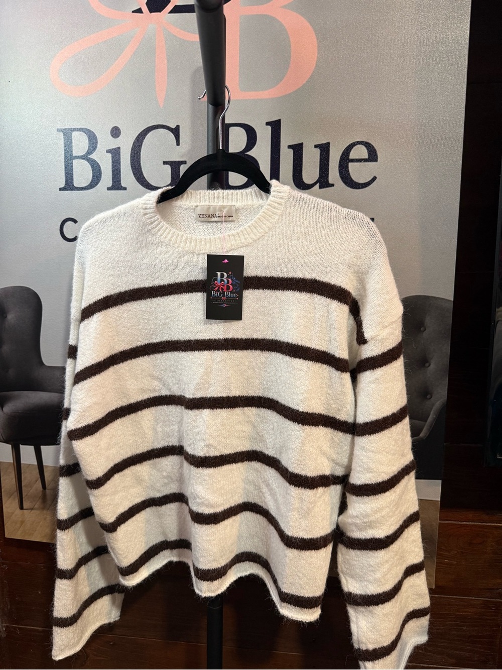 Women’s Cream and Brown Striped Crewneck Sweater